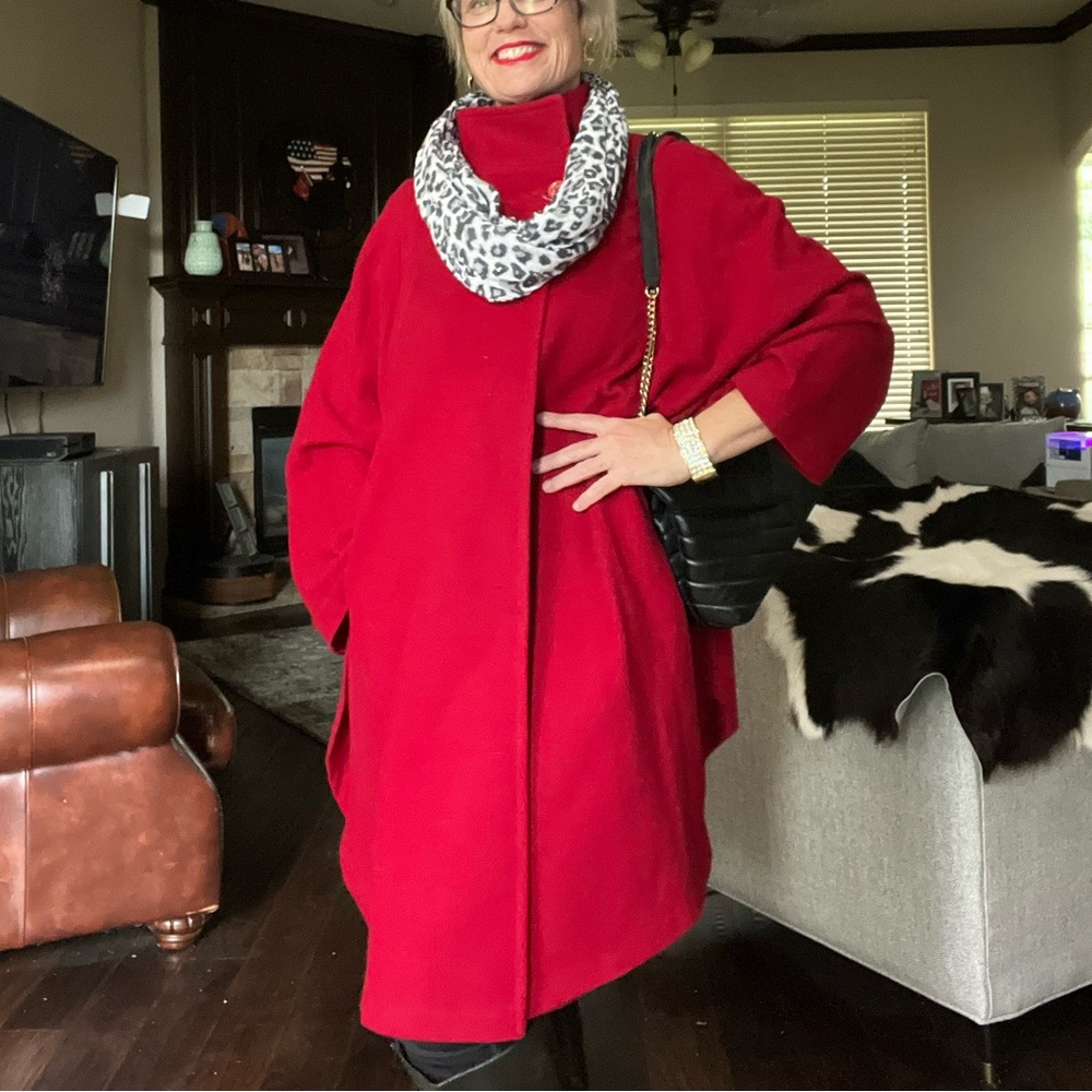 Elegant Red Wool Women's Coat w Batwing Style sleeves.